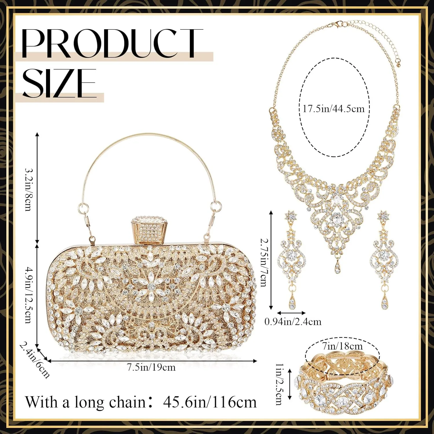 Quelay 4 Pcs Purse Rhinestone Jewelry Set Evening Clutch Bag Bling Crystal Necklace Dangle Earrings Bracelets Accessories