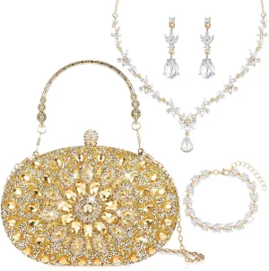 Quelay 4 Pcs Purse Rhinestone Jewelry Set Evening Clutch Bag Bling Crystal Necklace Dangle Earrings Bracelets Accessories