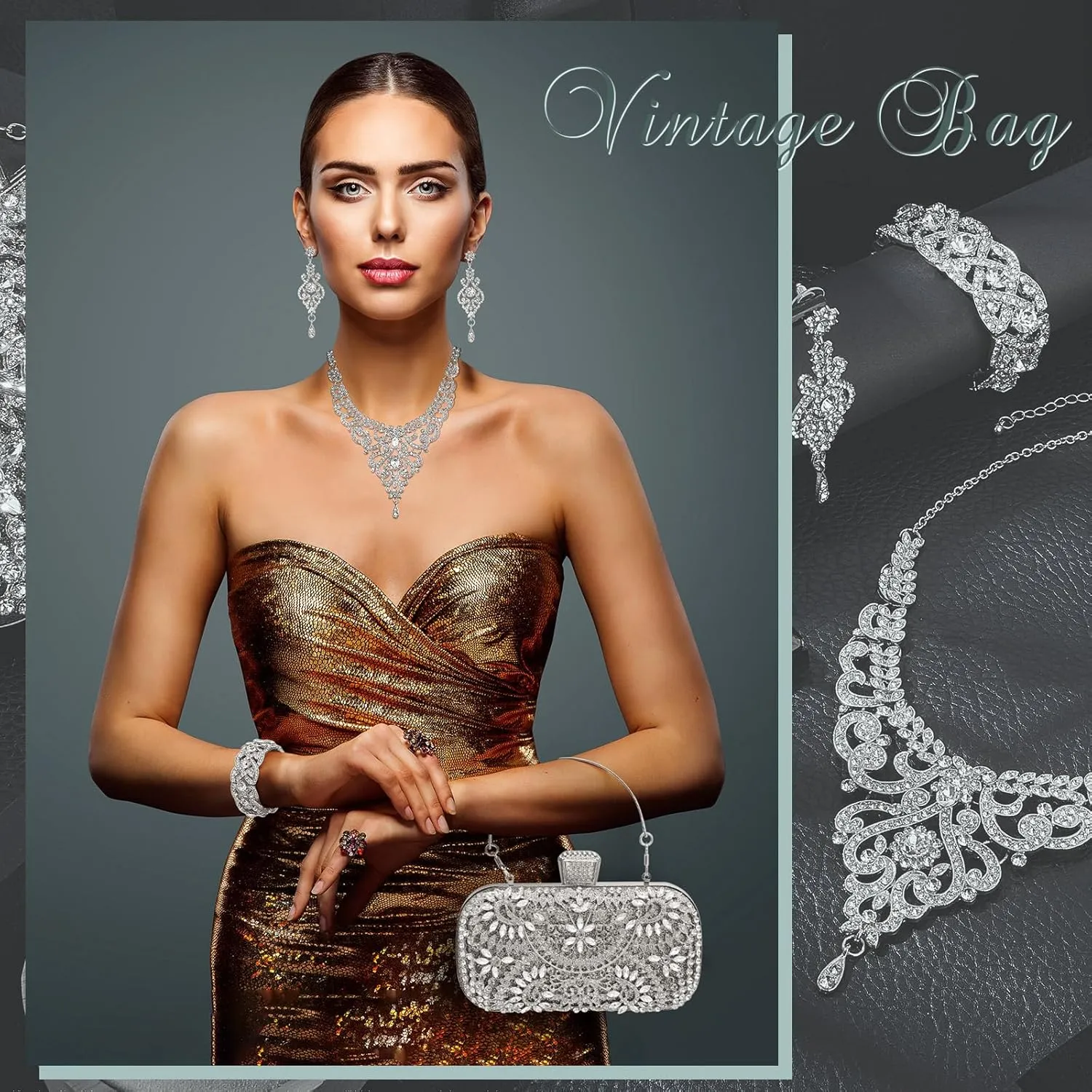 Quelay 4 Pcs Purse Rhinestone Jewelry Set Evening Clutch Bag Bling Crystal Necklace Dangle Earrings Bracelets Accessories