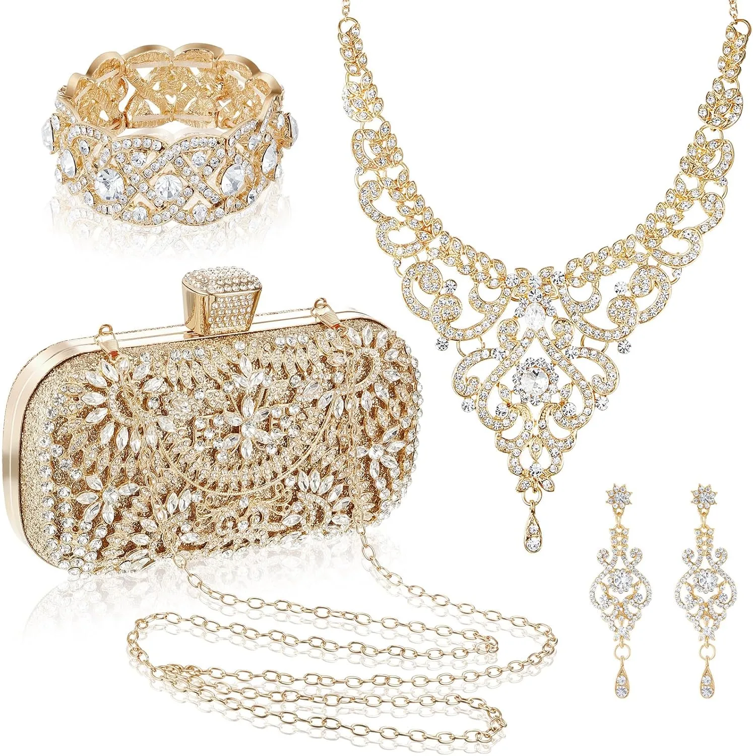 Quelay 4 Pcs Purse Rhinestone Jewelry Set Evening Clutch Bag Bling Crystal Necklace Dangle Earrings Bracelets Accessories