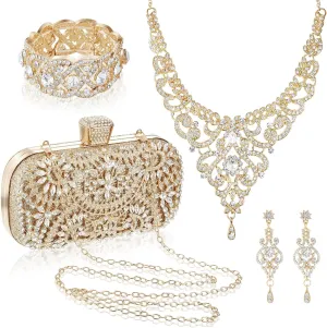 Quelay 4 Pcs Purse Rhinestone Jewelry Set Evening Clutch Bag Bling Crystal Necklace Dangle Earrings Bracelets Accessories