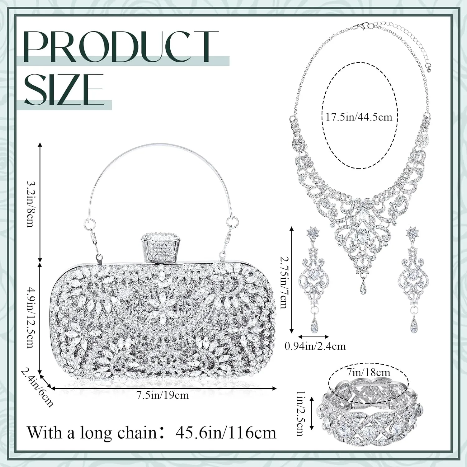 Quelay 4 Pcs Purse Rhinestone Jewelry Set Evening Clutch Bag Bling Crystal Necklace Dangle Earrings Bracelets Accessories