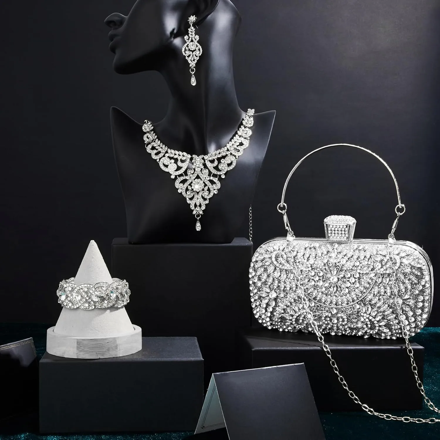 Quelay 4 Pcs Purse Rhinestone Jewelry Set Evening Clutch Bag Bling Crystal Necklace Dangle Earrings Bracelets Accessories
