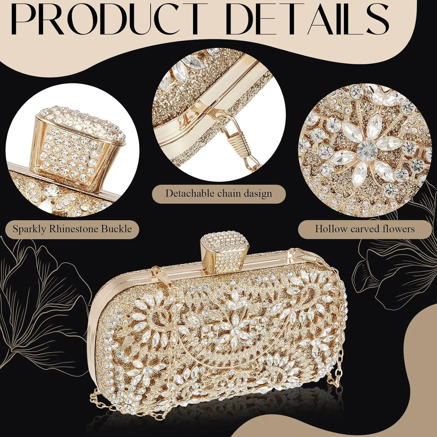Quelay 4 Pcs Purse Rhinestone Jewelry Set Evening Clutch Bag Bling Crystal Necklace Dangle Earrings Bracelets Accessories