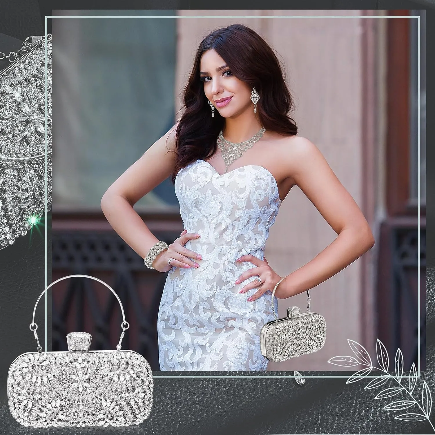 Quelay 4 Pcs Purse Rhinestone Jewelry Set Evening Clutch Bag Bling Crystal Necklace Dangle Earrings Bracelets Accessories