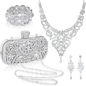 Quelay 4 Pcs Purse Rhinestone Jewelry Set Evening Clutch Bag Bling Crystal Necklace Dangle Earrings Bracelets Accessories