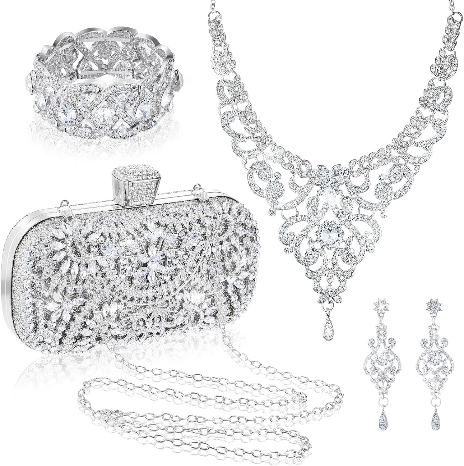 Quelay 4 Pcs Purse Rhinestone Jewelry Set Evening Clutch Bag Bling Crystal Necklace Dangle Earrings Bracelets Accessories