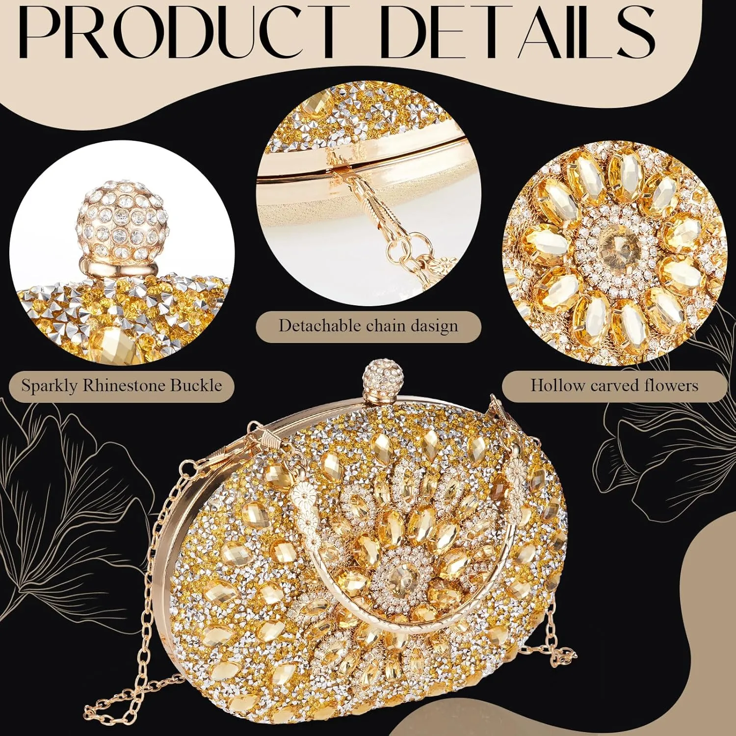 Quelay 4 Pcs Purse Rhinestone Jewelry Set Evening Clutch Bag Bling Crystal Necklace Dangle Earrings Bracelets Accessories