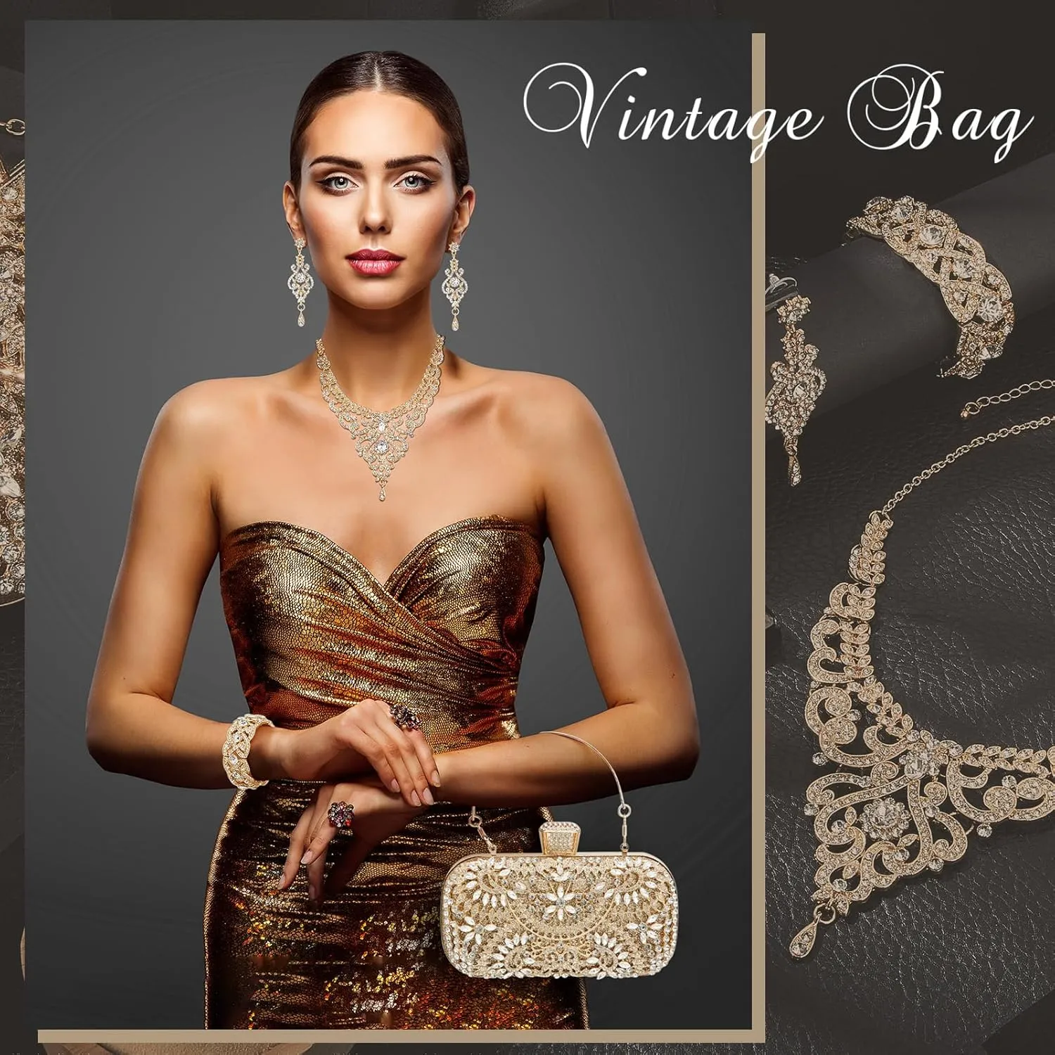 Quelay 4 Pcs Purse Rhinestone Jewelry Set Evening Clutch Bag Bling Crystal Necklace Dangle Earrings Bracelets Accessories