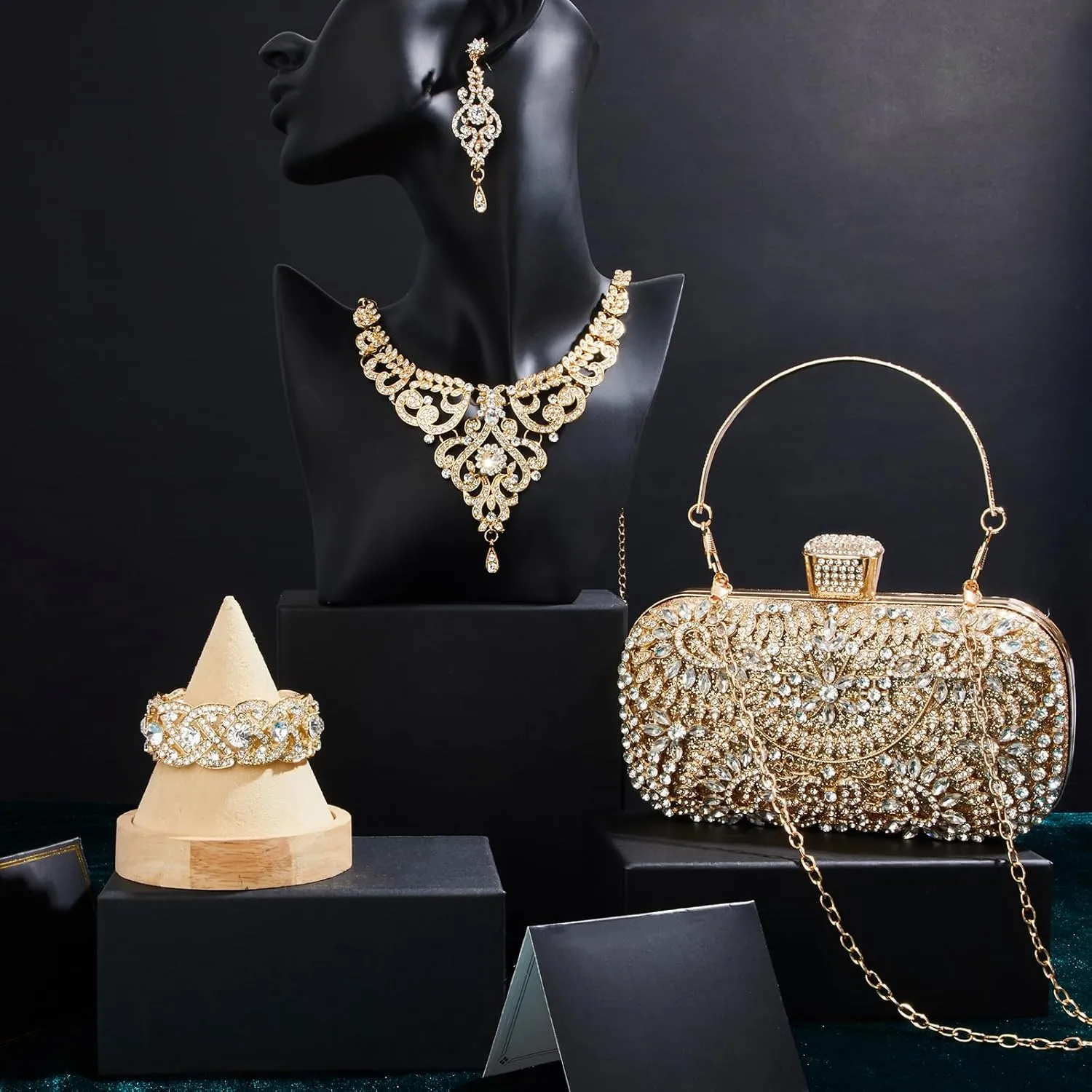 Quelay 4 Pcs Purse Rhinestone Jewelry Set Evening Clutch Bag Bling Crystal Necklace Dangle Earrings Bracelets Accessories