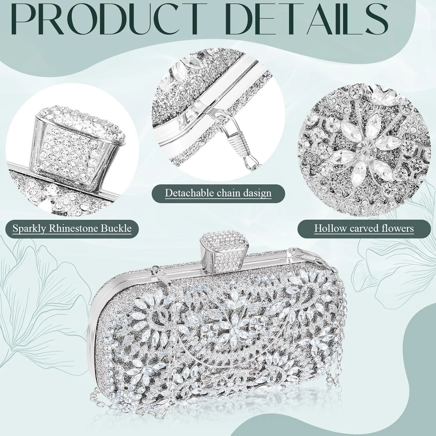 Quelay 4 Pcs Purse Rhinestone Jewelry Set Evening Clutch Bag Bling Crystal Necklace Dangle Earrings Bracelets Accessories
