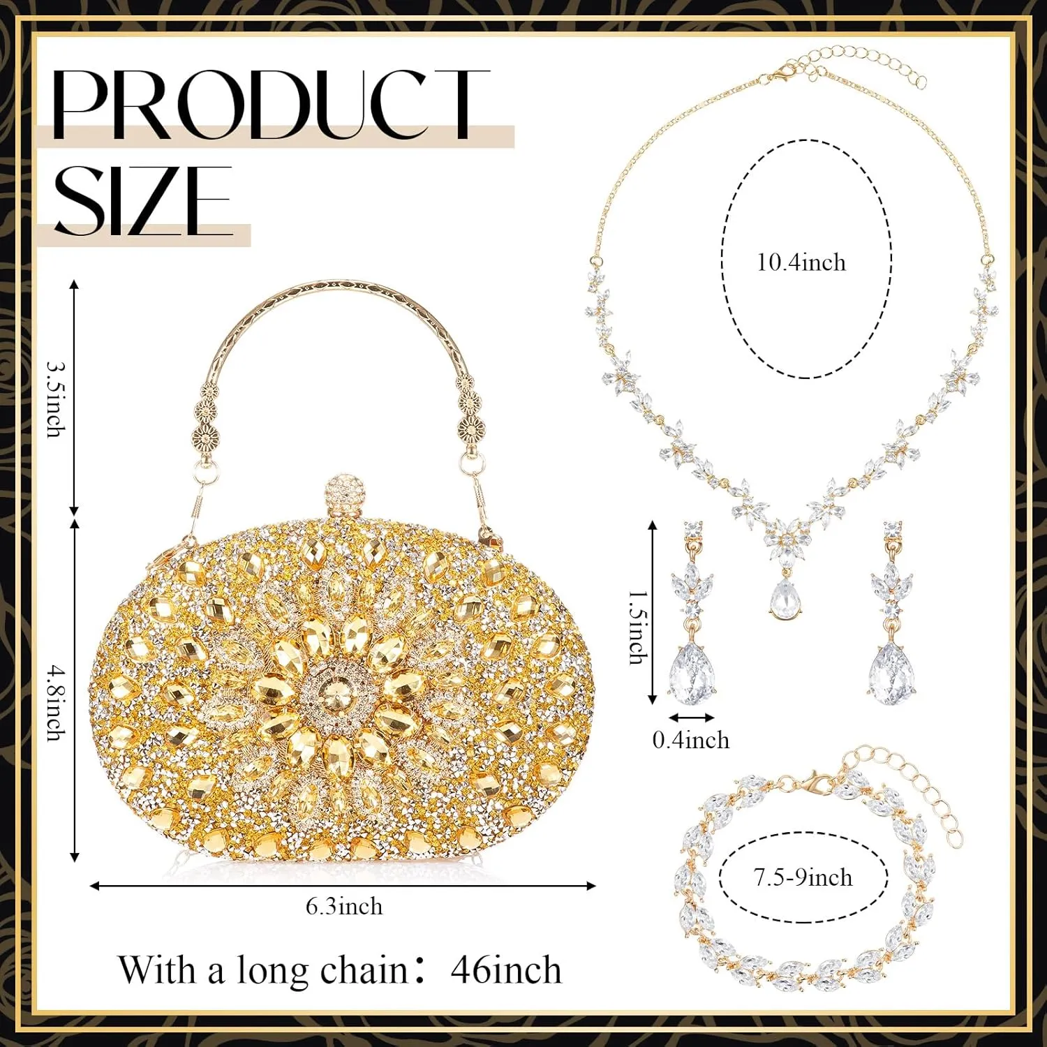Quelay 4 Pcs Purse Rhinestone Jewelry Set Evening Clutch Bag Bling Crystal Necklace Dangle Earrings Bracelets Accessories