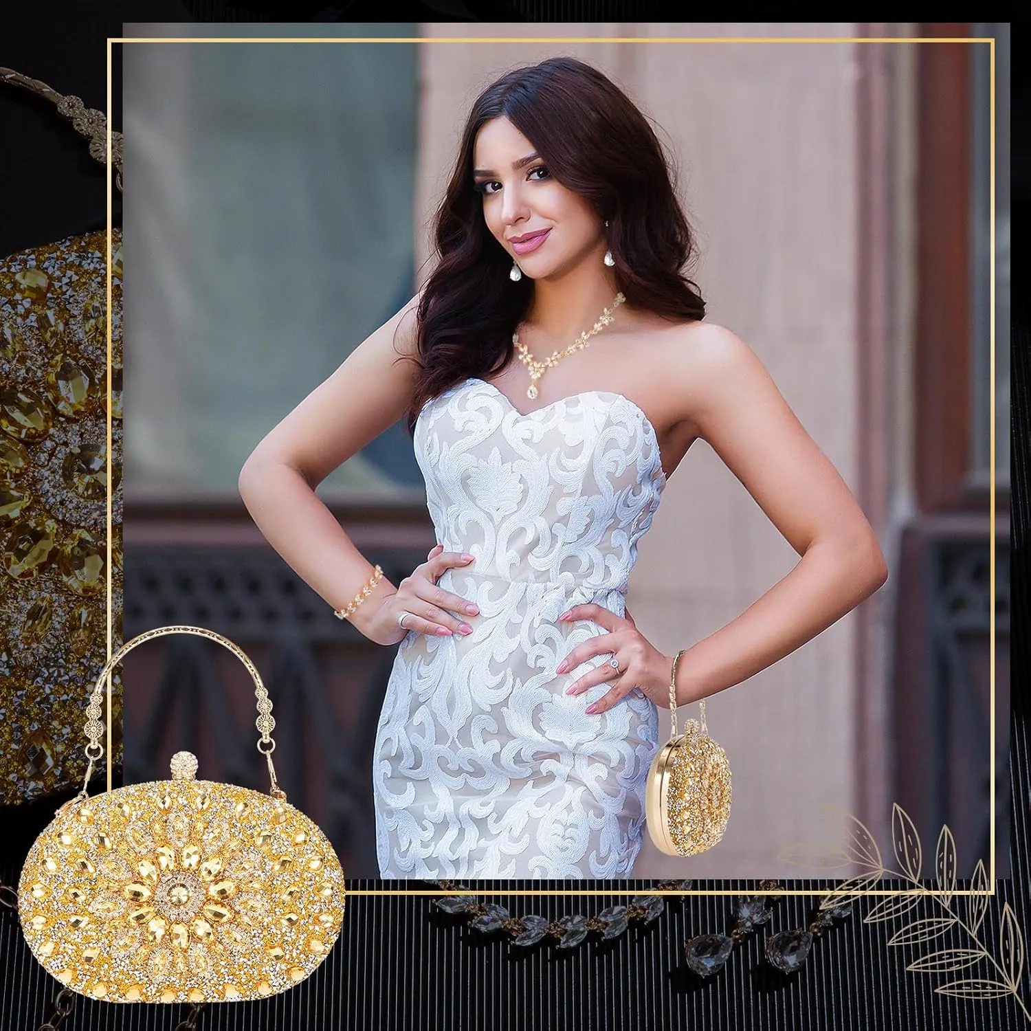 Quelay 4 Pcs Purse Rhinestone Jewelry Set Evening Clutch Bag Bling Crystal Necklace Dangle Earrings Bracelets Accessories