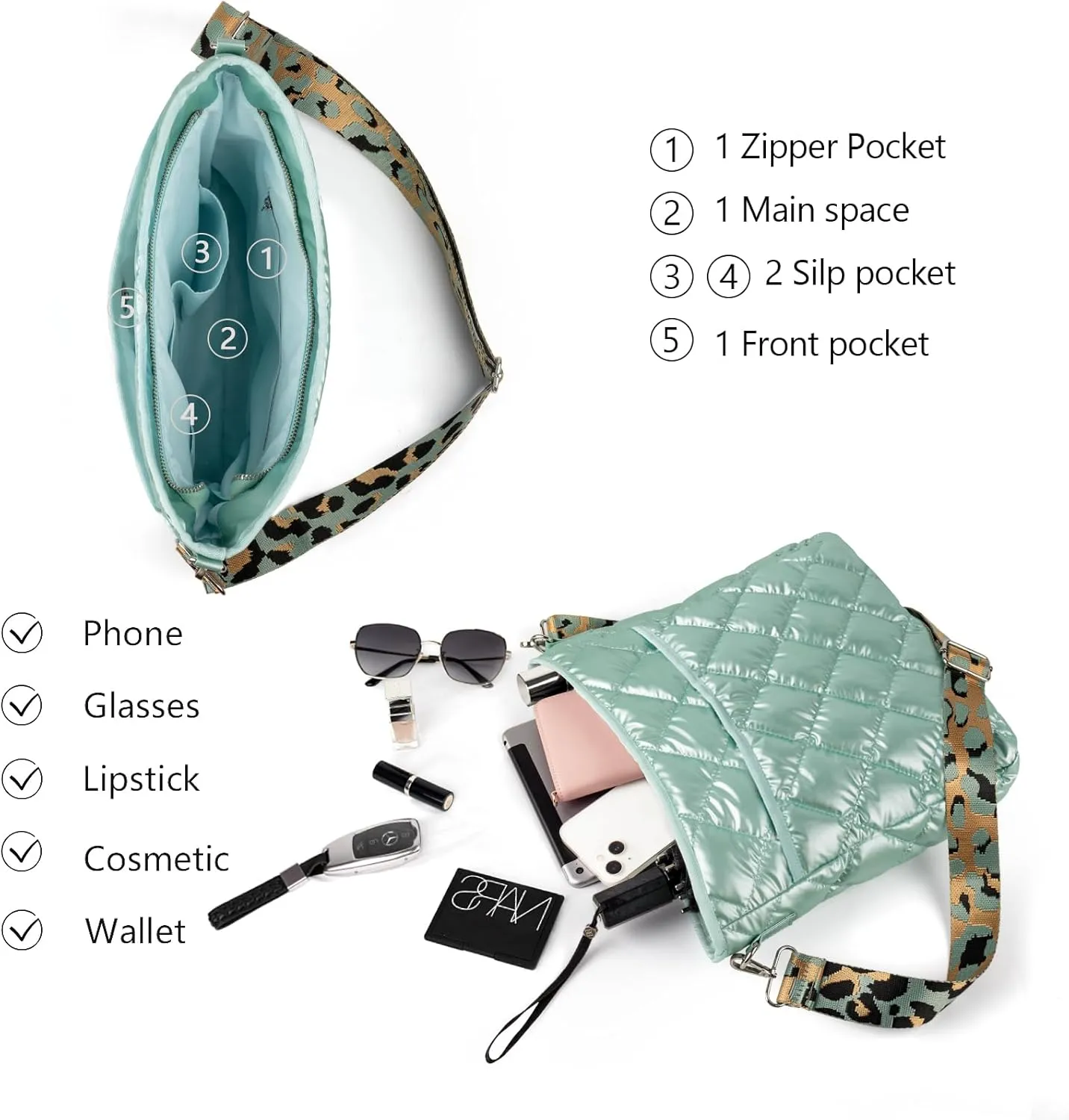 Quilted Crossbody & Puffer Shoulder Bag, Tote with Zipper - Fashion Cotton Quilted Ladies Handbag