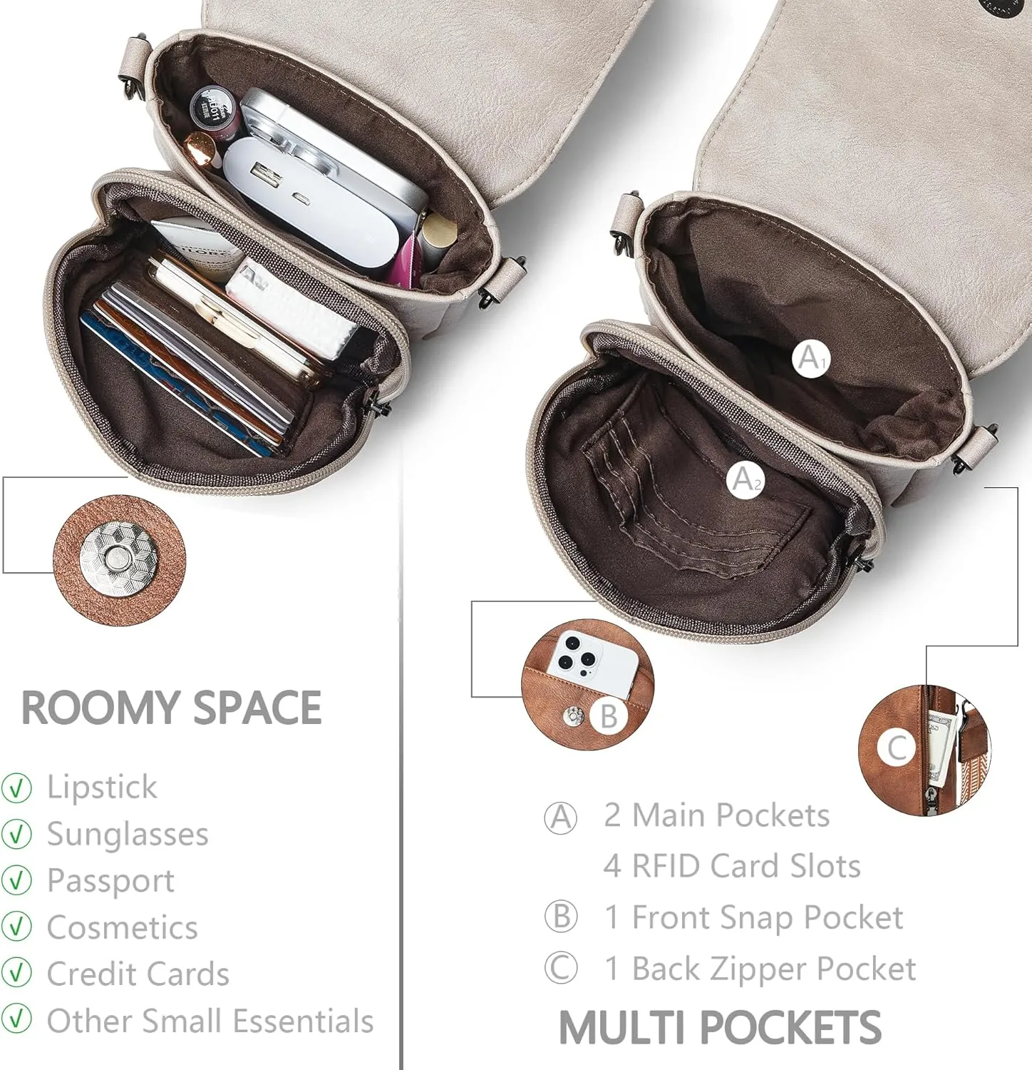 Quilted Crossbody Bags for Women 3-Pockets Crossbody Purses Vegan Leather Shoulder Handbags with Wide Strap