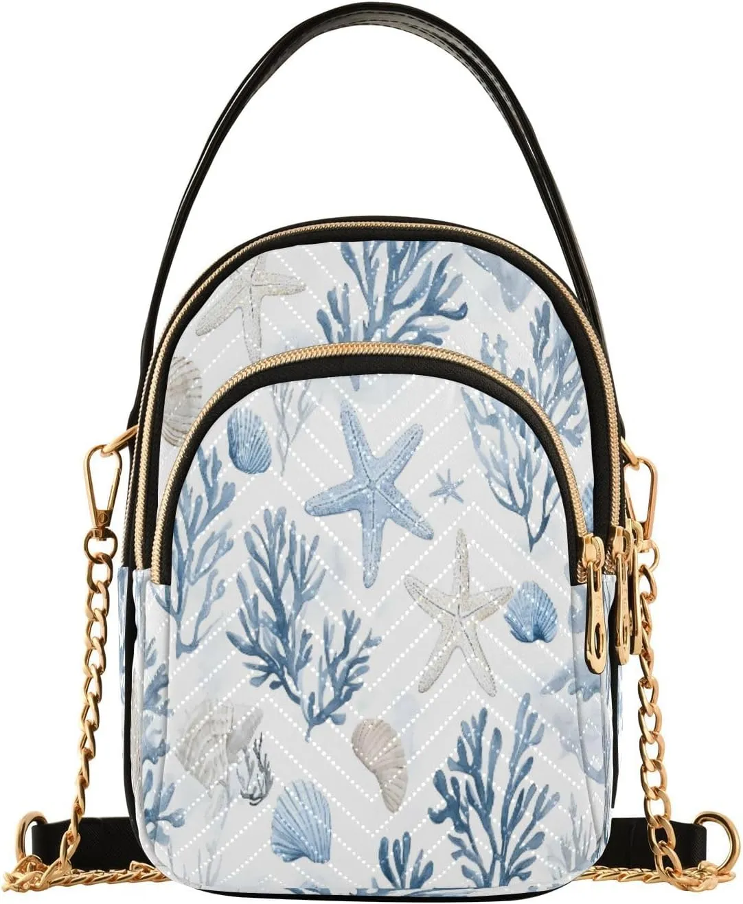 Quilted Crossbody Bags for Women,Coastal Sea Star Coral Nautical Women's Crossbody Handbags Small Travel Purses Phone Bag
