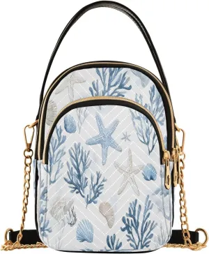 Quilted Crossbody Bags for Women,Coastal Sea Star Coral Nautical Women's Crossbody Handbags Small Travel Purses Phone Bag