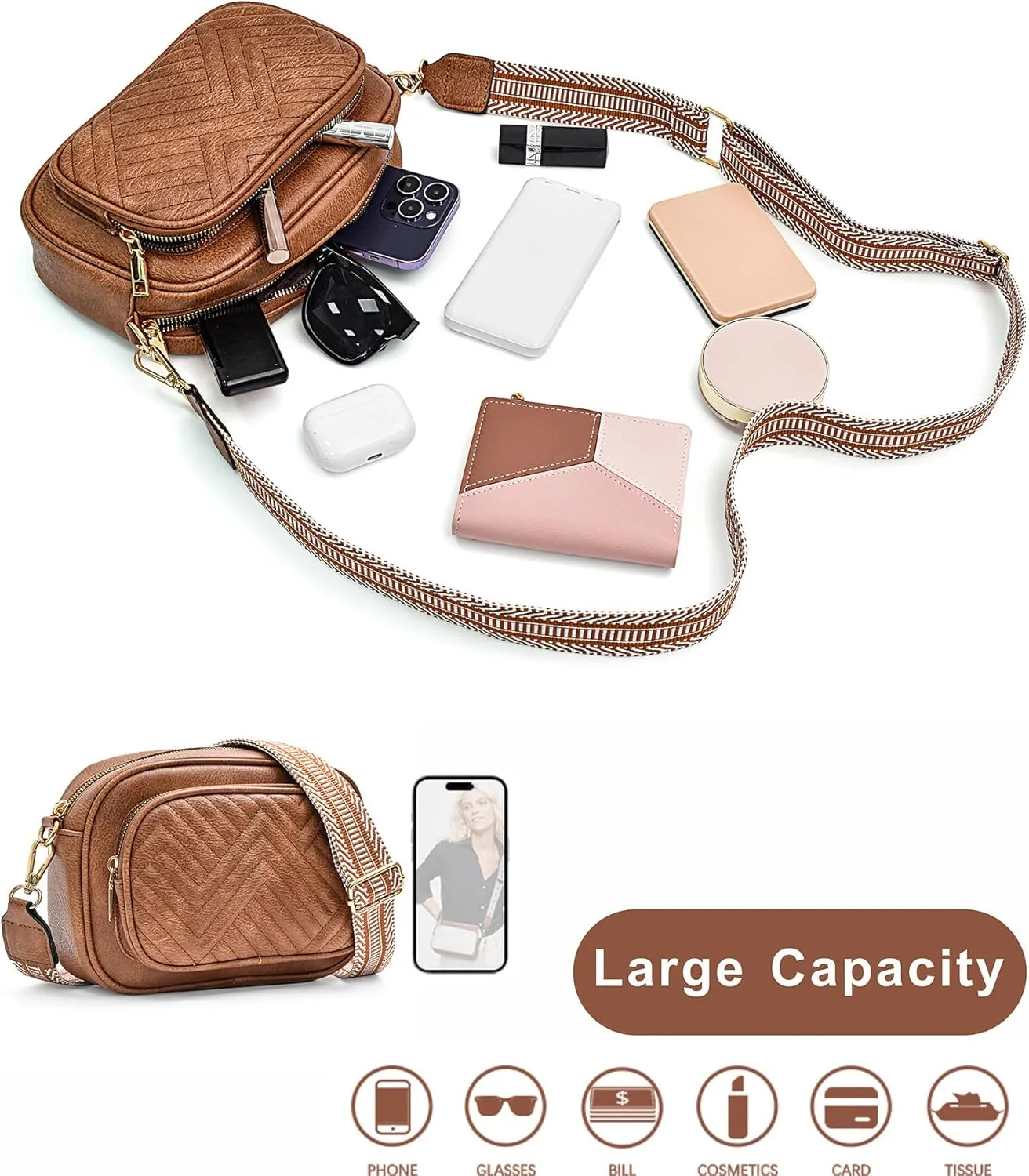 Quilted Crossbody Bags Purse for Women Small Vegan Leather Shoulder Handbags Purses with Two Straps