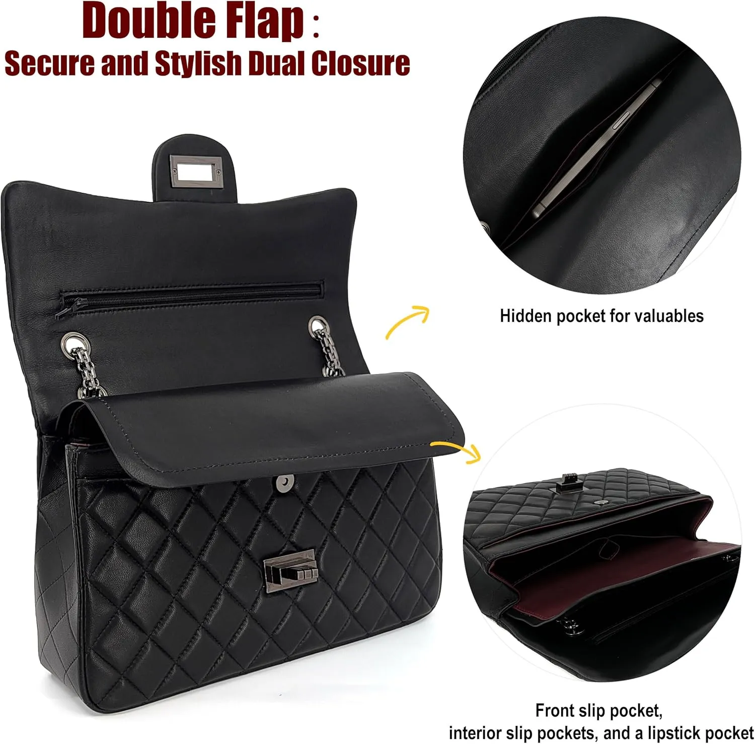 Quilted Leather Crossbody Bags for Women,Soft Lambskin Adjustable Double Chain Strap Shoulder Bag,Designer Flap Purse