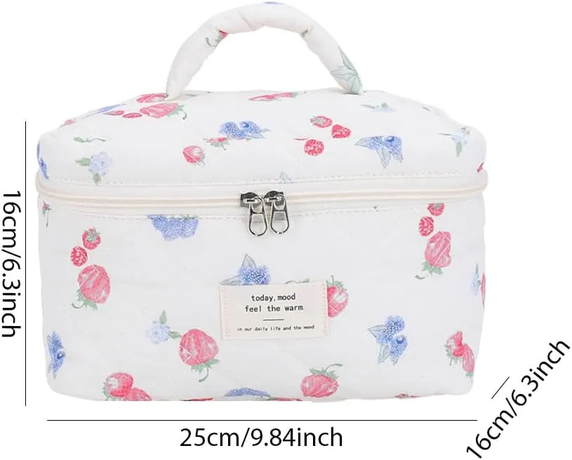 Quilted Makeup Bag Set 3 Pcs Cotton Cute Makeup Bags For Women Large Aesthetic Floral Cosmetic Bag Coquette Flower Makeup Pouch