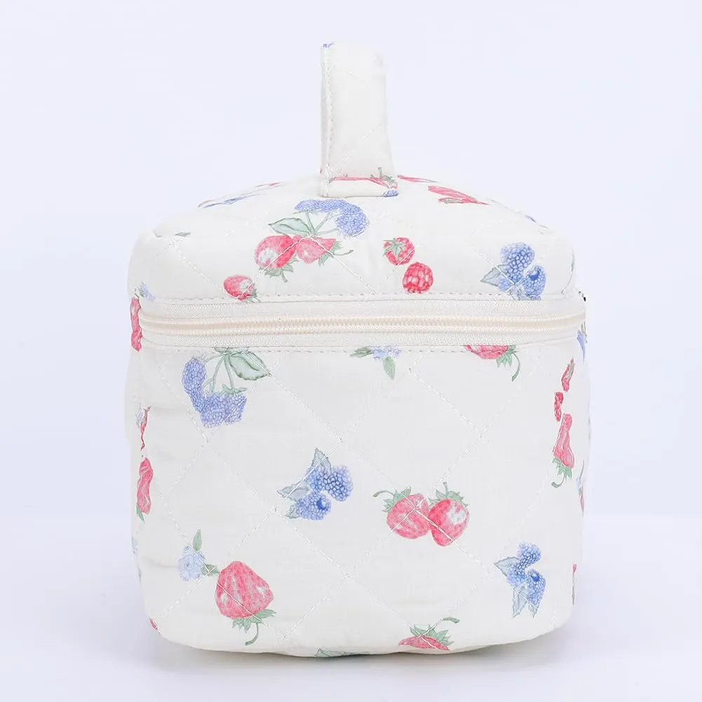 Quilted Makeup Bag Set 3 Pcs Cotton Cute Makeup Bags For Women Large Aesthetic Floral Cosmetic Bag Coquette Flower Makeup Pouch