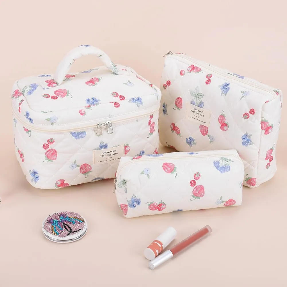 Quilted Makeup Bag Set 3 Pcs Cotton Cute Makeup Bags For Women Large Aesthetic Floral Cosmetic Bag Coquette Flower Makeup Pouch