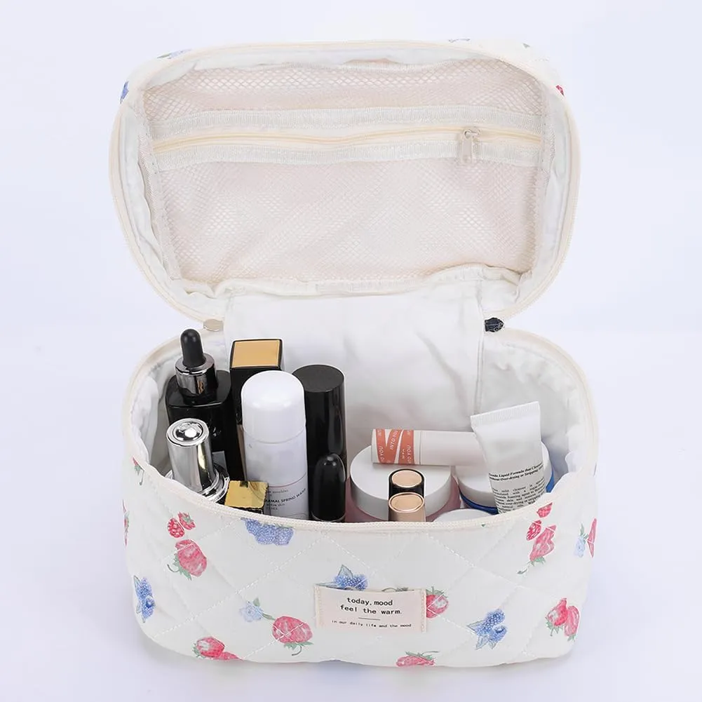 Quilted Makeup Bag Set 3 Pcs Cotton Cute Makeup Bags For Women Large Aesthetic Floral Cosmetic Bag Coquette Flower Makeup Pouch