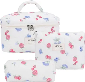 Quilted Makeup Bag Set 3 Pcs Cotton Cute Makeup Bags For Women Large Aesthetic Floral Cosmetic Bag Coquette Flower Makeup Pouch