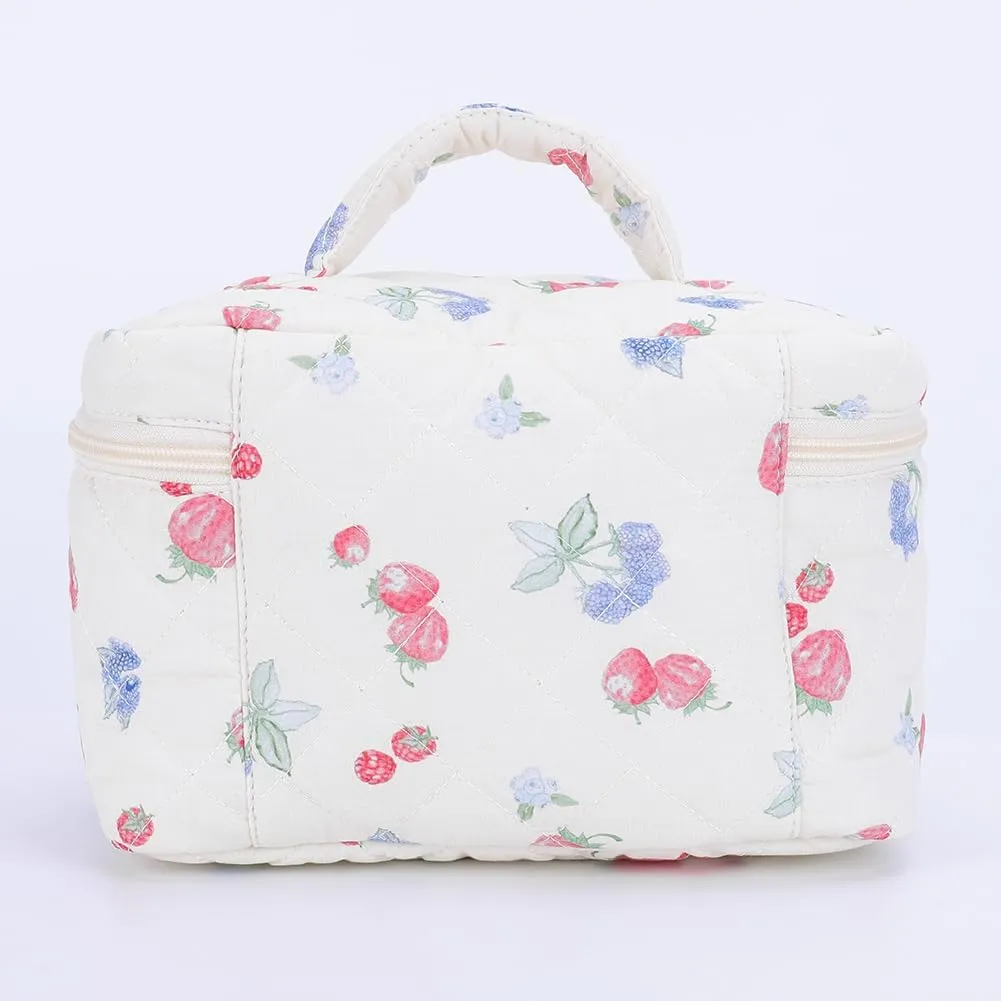 Quilted Makeup Bag Set 3 Pcs Cotton Cute Makeup Bags For Women Large Aesthetic Floral Cosmetic Bag Coquette Flower Makeup Pouch