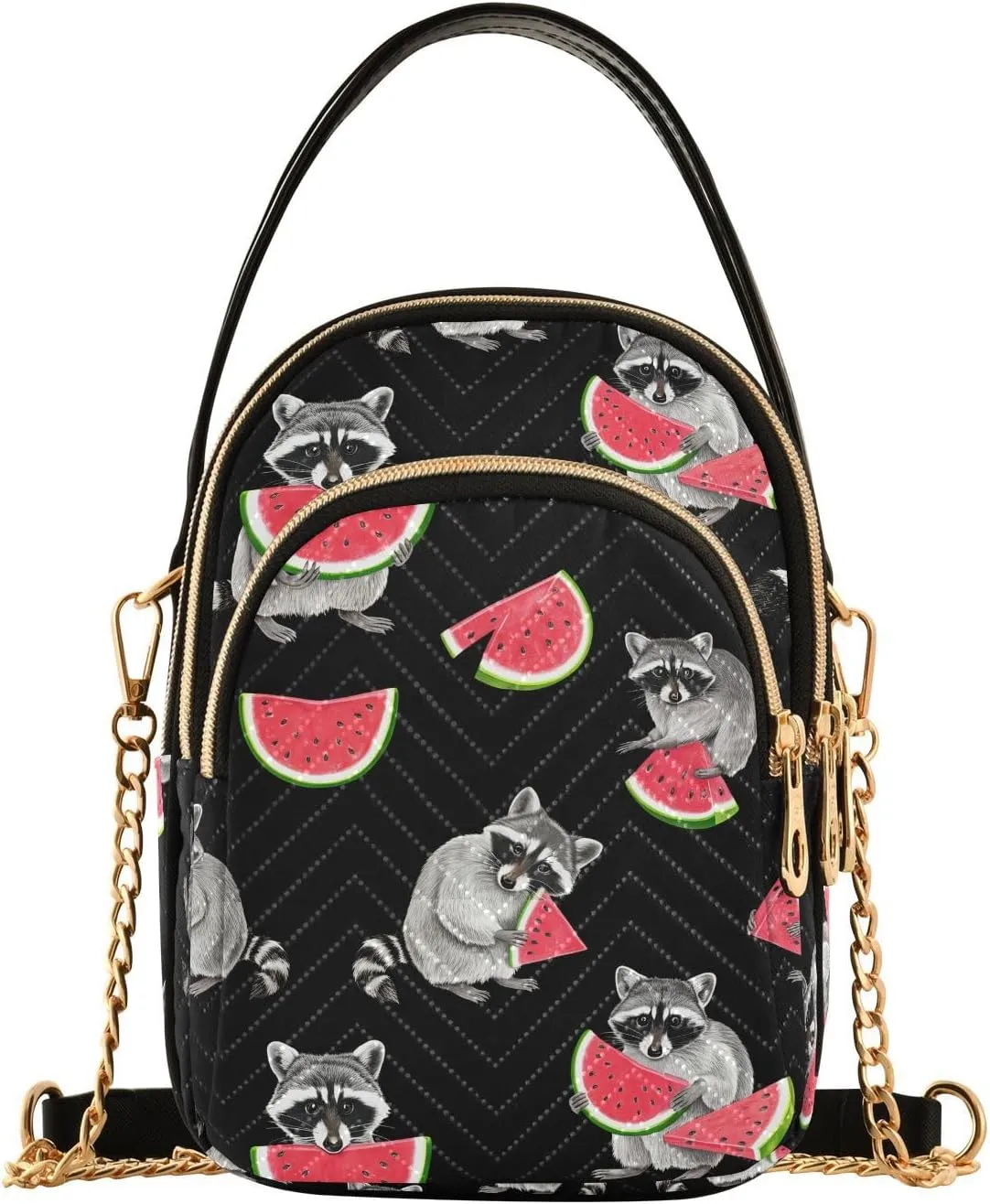 Raccoon Watermelon Slice Black Multi Pockets Crossbody Bags for Women Zip Cell Phone Purse Wallet Bag with Detachable Shoulder Strap Cross Body Handbag for Women Girls Trendy Gift Traveling Shopping