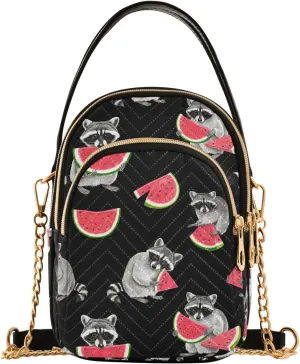Raccoon Watermelon Slice Black Multi Pockets Crossbody Bags for Women Zip Cell Phone Purse Wallet Bag with Detachable Shoulder Strap Cross Body Handbag for Women Girls Trendy Gift Traveling Shopping