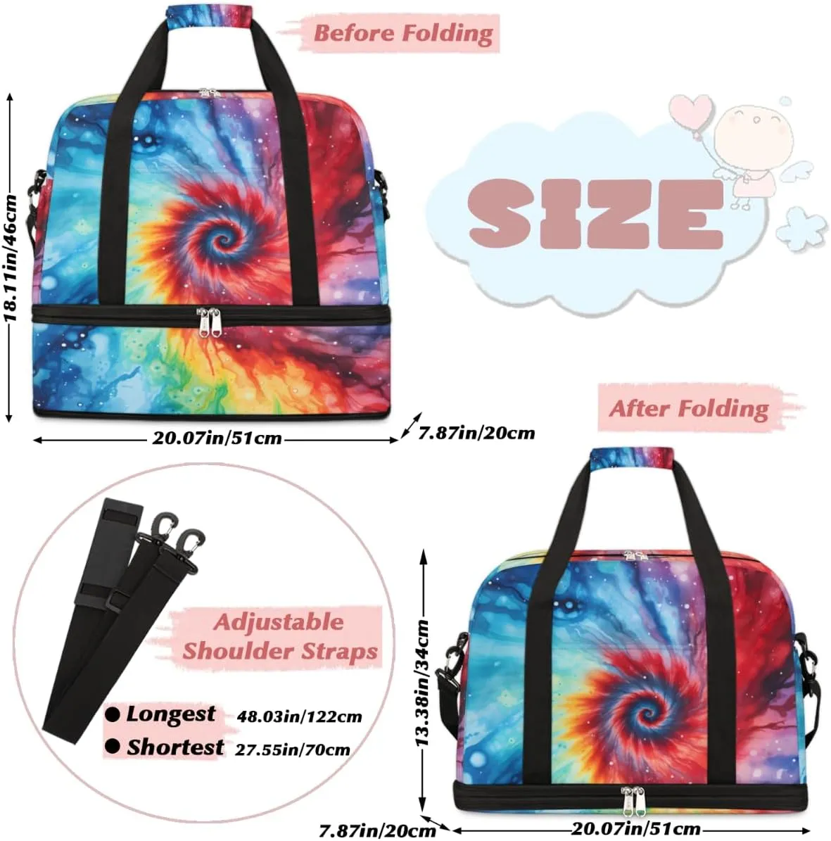 Rainbow Tie Dye Foldable Travel Duffel Bag Overnight Weekender Bag with Shoes Compartment Sports Gym Bag for Men Women
