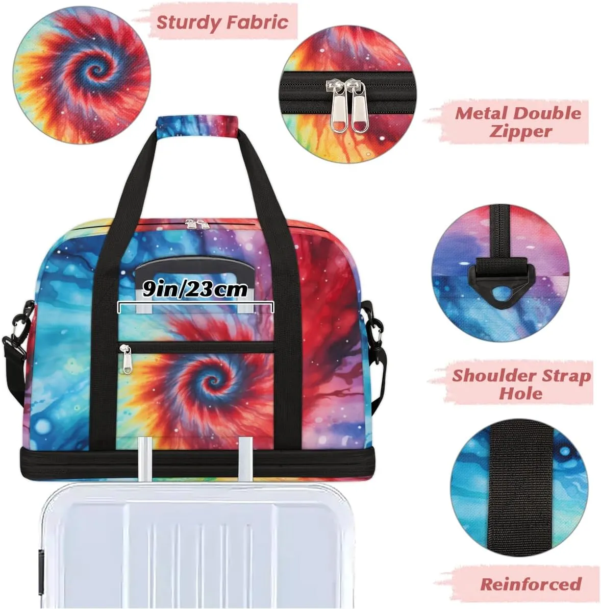 Rainbow Tie Dye Foldable Travel Duffel Bag Overnight Weekender Bag with Shoes Compartment Sports Gym Bag for Men Women