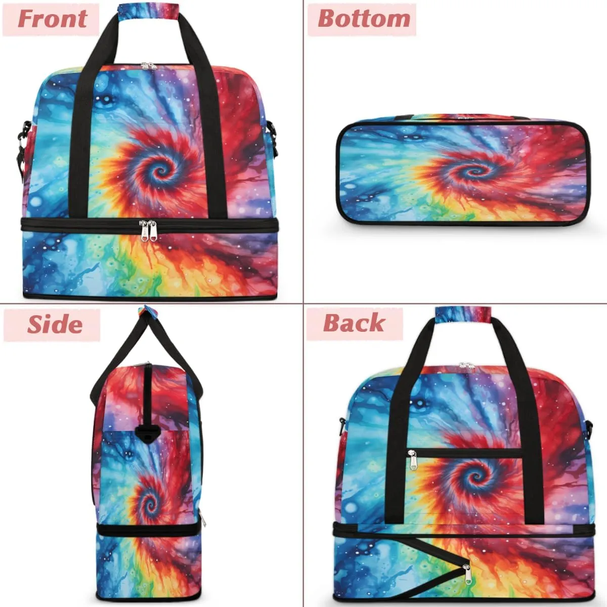 Rainbow Tie Dye Foldable Travel Duffel Bag Overnight Weekender Bag with Shoes Compartment Sports Gym Bag for Men Women