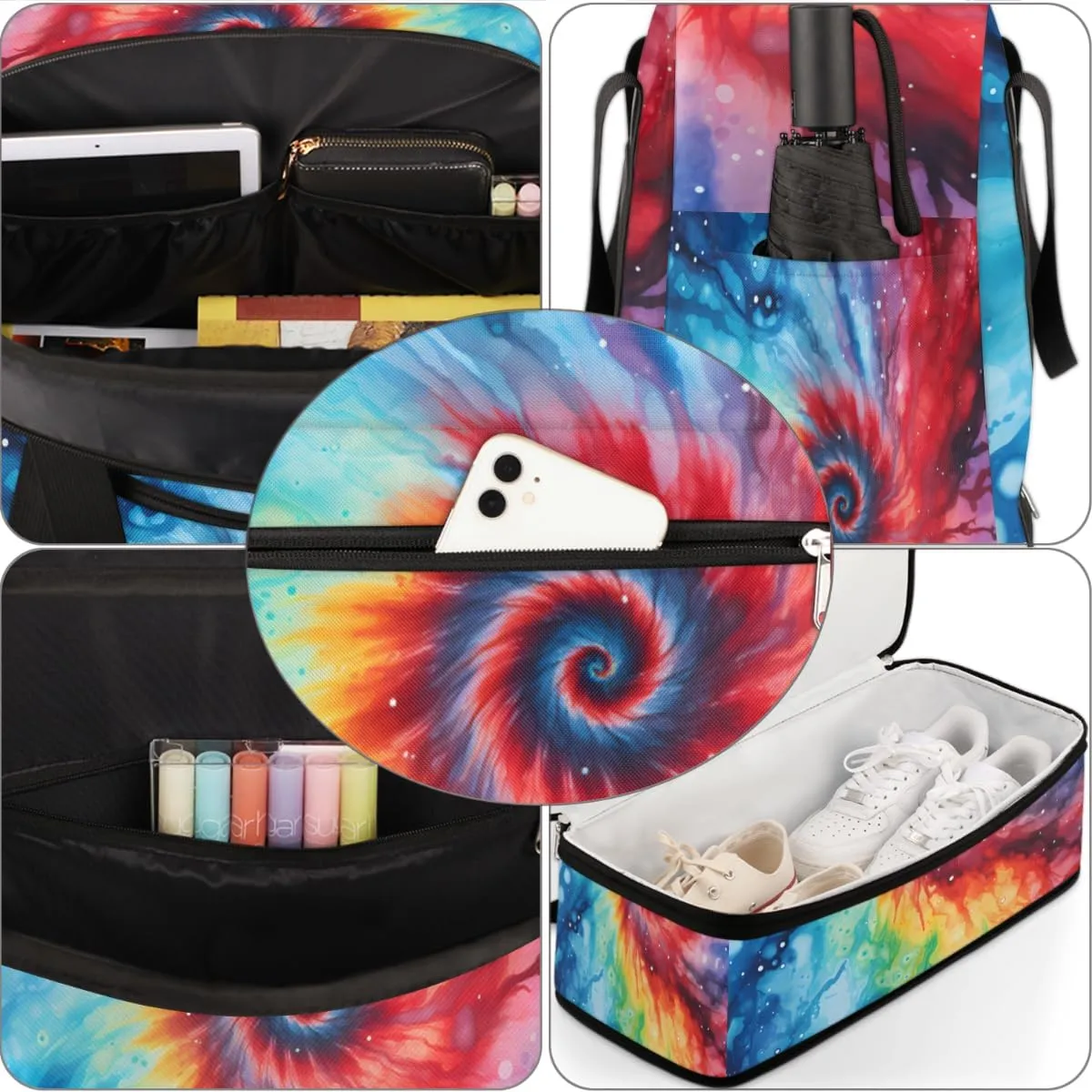 Rainbow Tie Dye Foldable Travel Duffel Bag Overnight Weekender Bag with Shoes Compartment Sports Gym Bag for Men Women