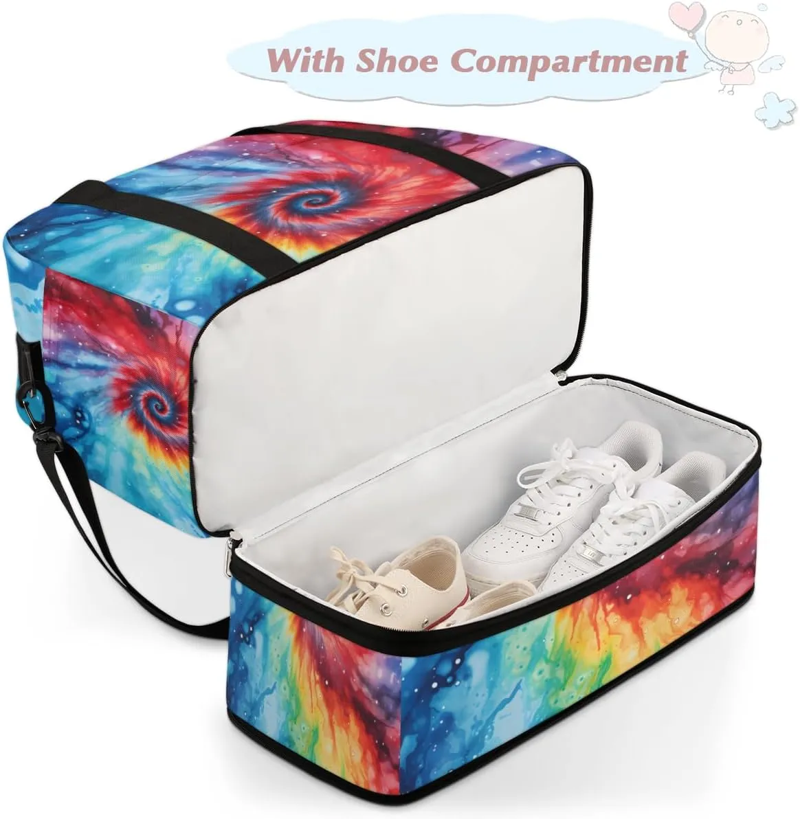 Rainbow Tie Dye Foldable Travel Duffel Bag Overnight Weekender Bag with Shoes Compartment Sports Gym Bag for Men Women