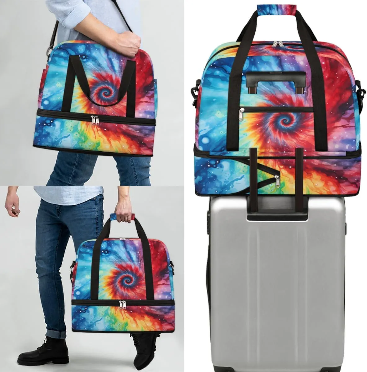 Rainbow Tie Dye Foldable Travel Duffel Bag Overnight Weekender Bag with Shoes Compartment Sports Gym Bag for Men Women