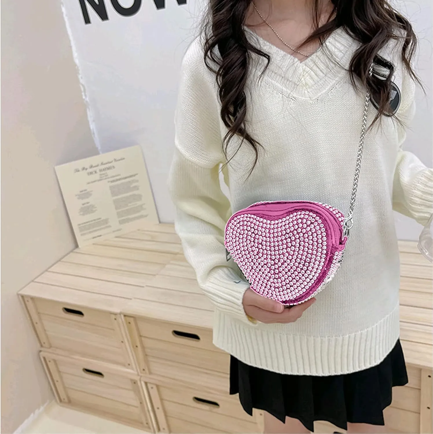 RARITYUS Cute Heart Shaped Purse Bling Rhinestone Crossbody for Women Girls Wallet Shoulder Bag with Chain Strap