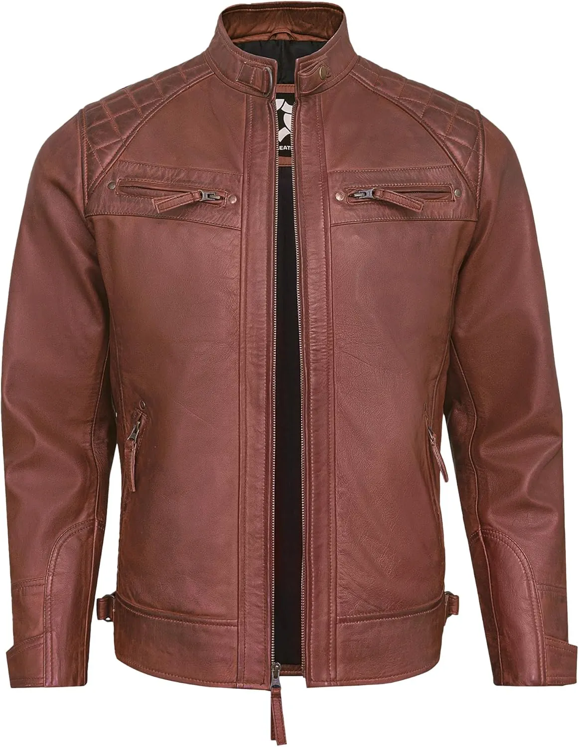 Real Lambskin Mens Leather Jackets - Quilted Biker Style Stand Collar Zip-Up Fashion Motorcycle Jacket Men