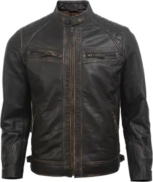 Real Lambskin Mens Leather Jackets - Quilted Biker Style Stand Collar Zip-Up Fashion Motorcycle Jacket Men