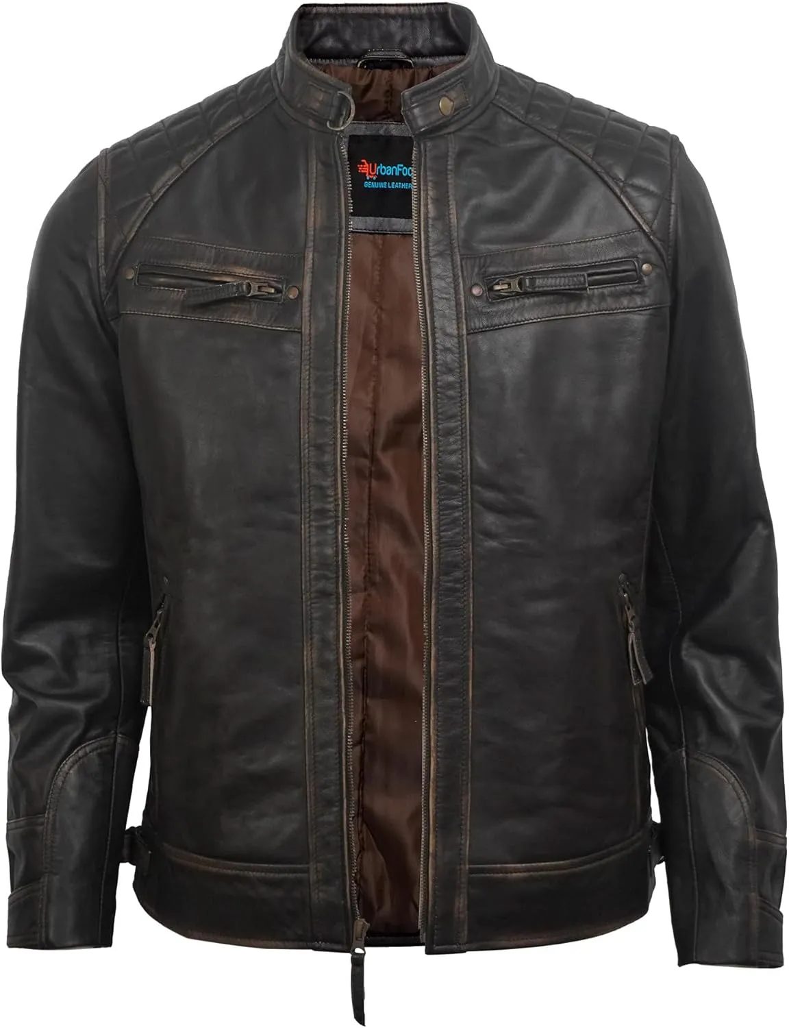 Real Lambskin Mens Leather Jackets - Quilted Biker Style Stand Collar Zip-Up Fashion Motorcycle Jacket Men