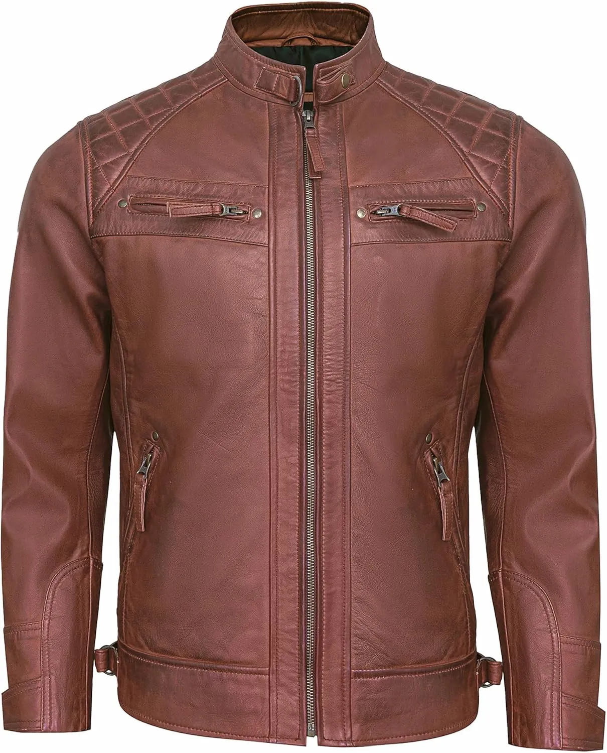 Real Lambskin Mens Leather Jackets - Quilted Biker Style Stand Collar Zip-Up Fashion Motorcycle Jacket Men