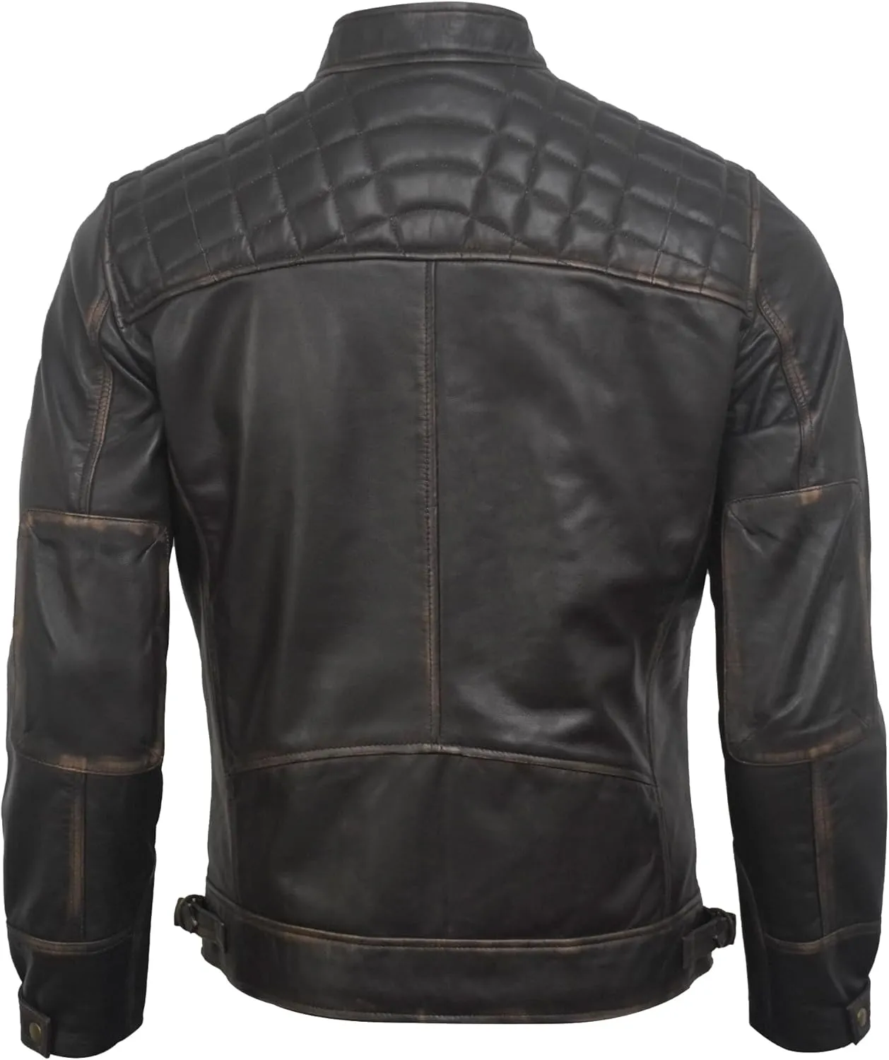 Real Lambskin Mens Leather Jackets - Quilted Biker Style Stand Collar Zip-Up Fashion Motorcycle Jacket Men