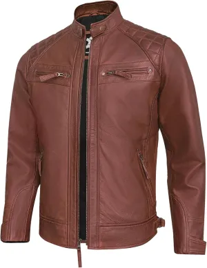 Real Lambskin Mens Leather Jackets - Quilted Biker Style Stand Collar Zip-Up Fashion Motorcycle Jacket Men