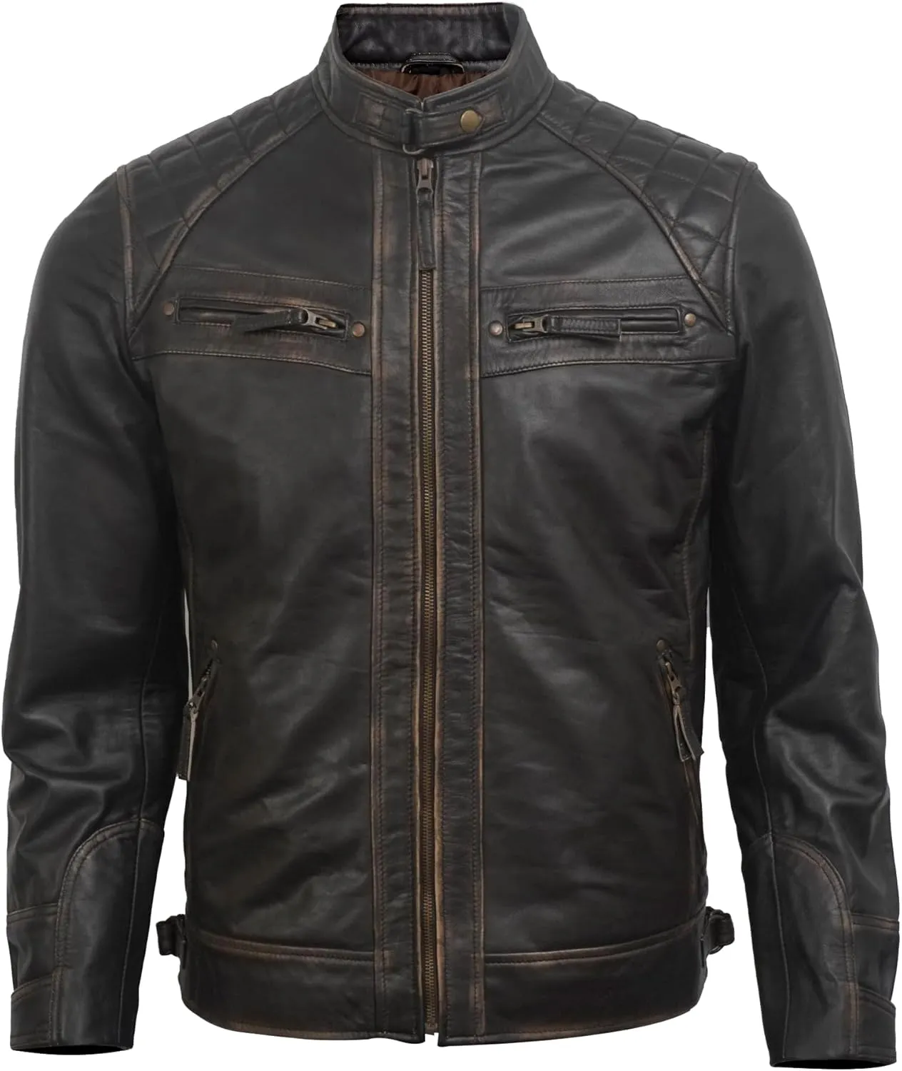 Real Lambskin Mens Leather Jackets - Quilted Biker Style Stand Collar Zip-Up Fashion Motorcycle Jacket Men