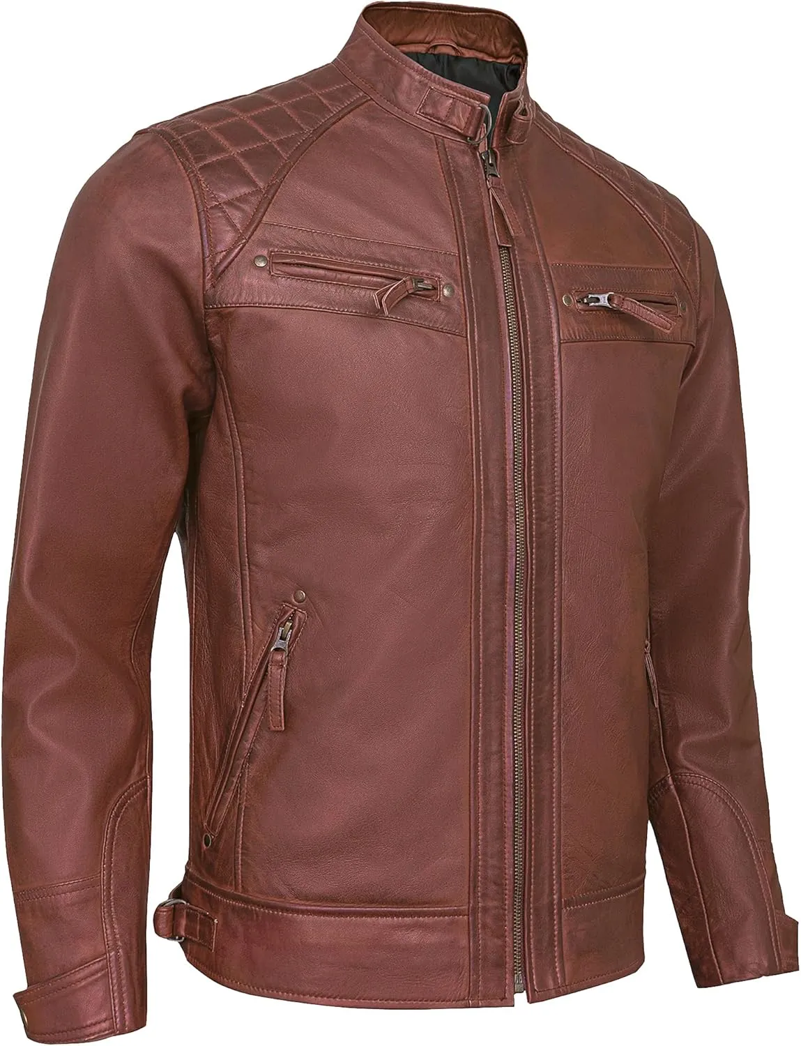 Real Lambskin Mens Leather Jackets - Quilted Biker Style Stand Collar Zip-Up Fashion Motorcycle Jacket Men