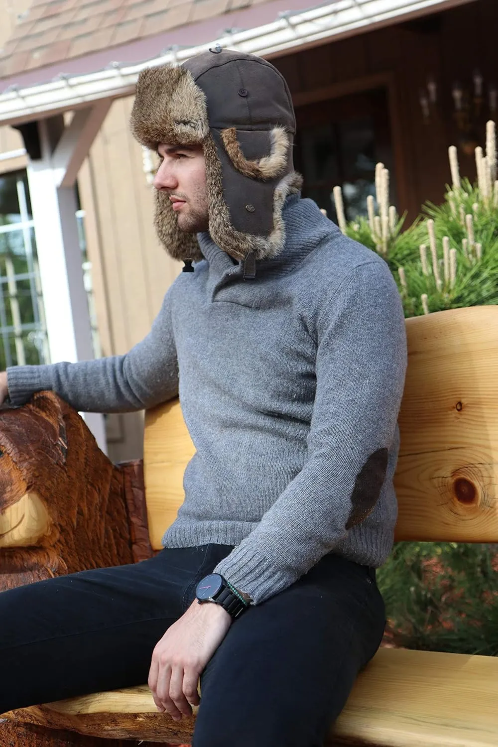 Real Rabbit Fur Trapper Hunting Hat Aviator Winter Cap