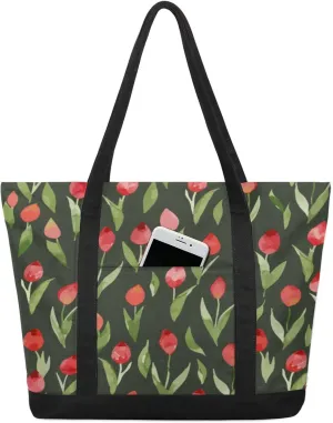 Red Flowers Print Canvas Tote Bag Casual Shoulder Handbag Large Shopping Bags With 5 Pocket Carry On Weekender Backpack for Women Travel Work Gifts Duffle Grocery Compartment