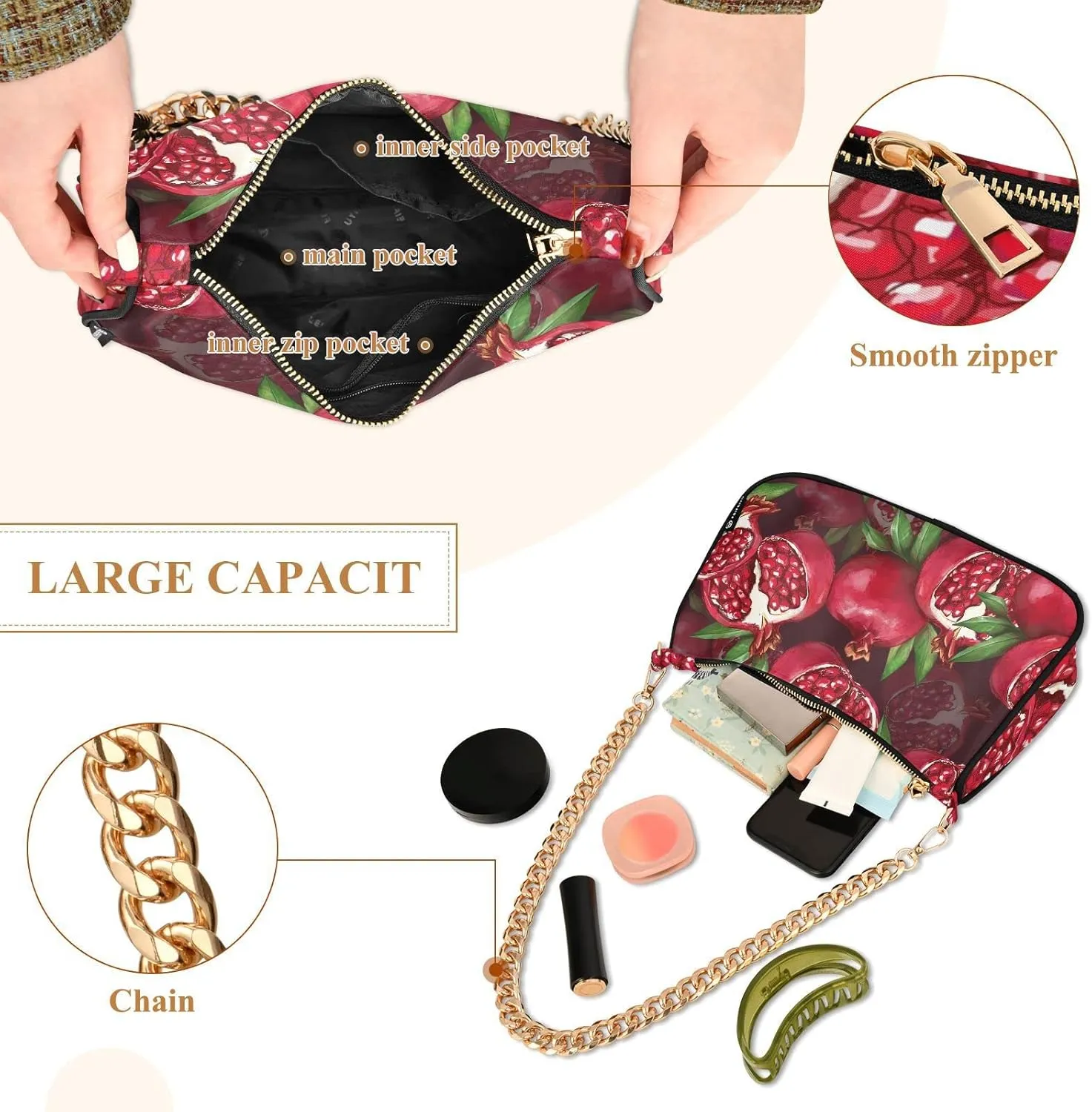 Red Pomegranate Fruit Small Shoulder Bags for Women Handbags Mini Clutch Purse with Zipper
