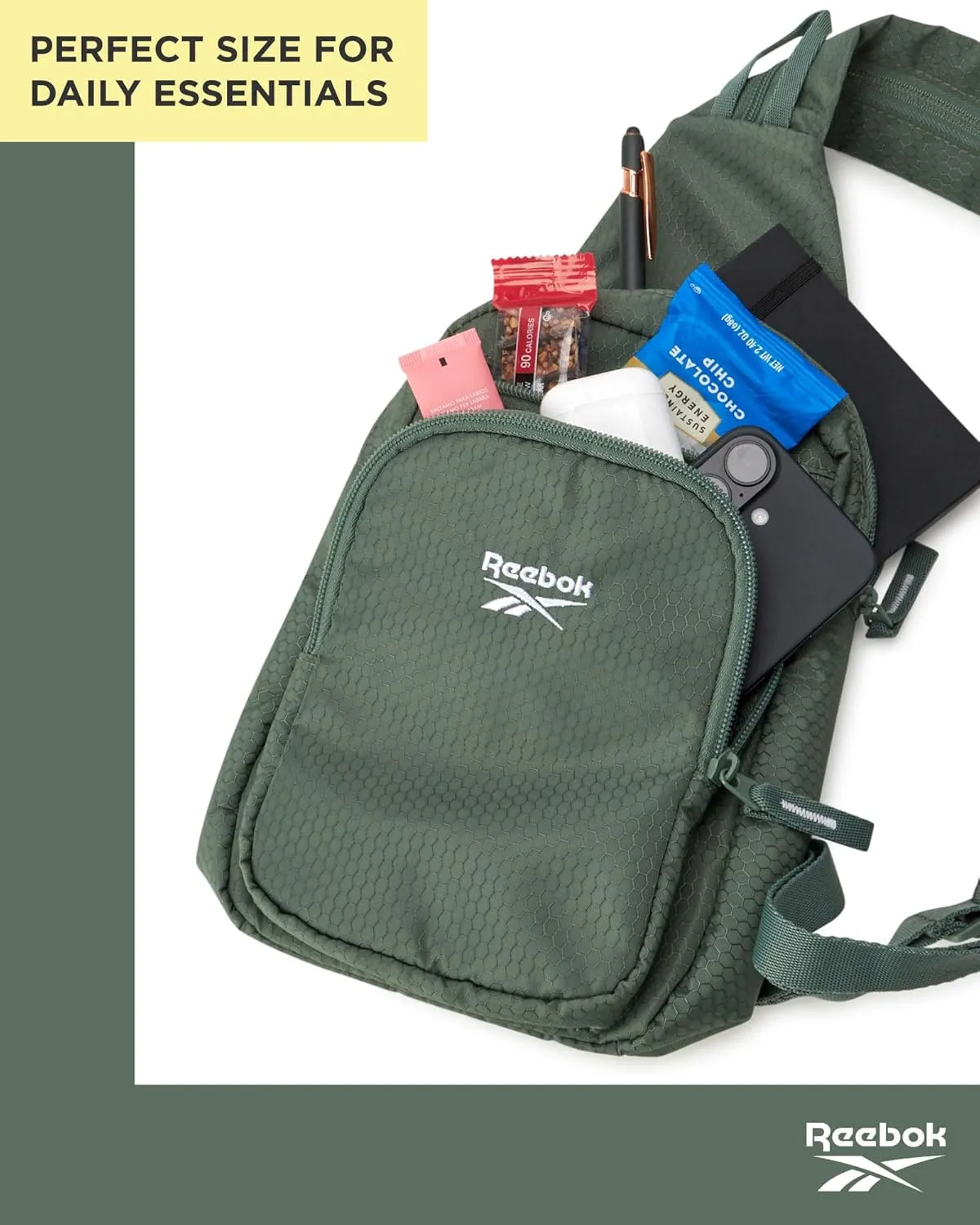 Reebok Men and Womens Crossbody Bag - Small Cross Body Bags for Women Backpack with Adjustable Strap for Travel and Gym, Green Cosmos